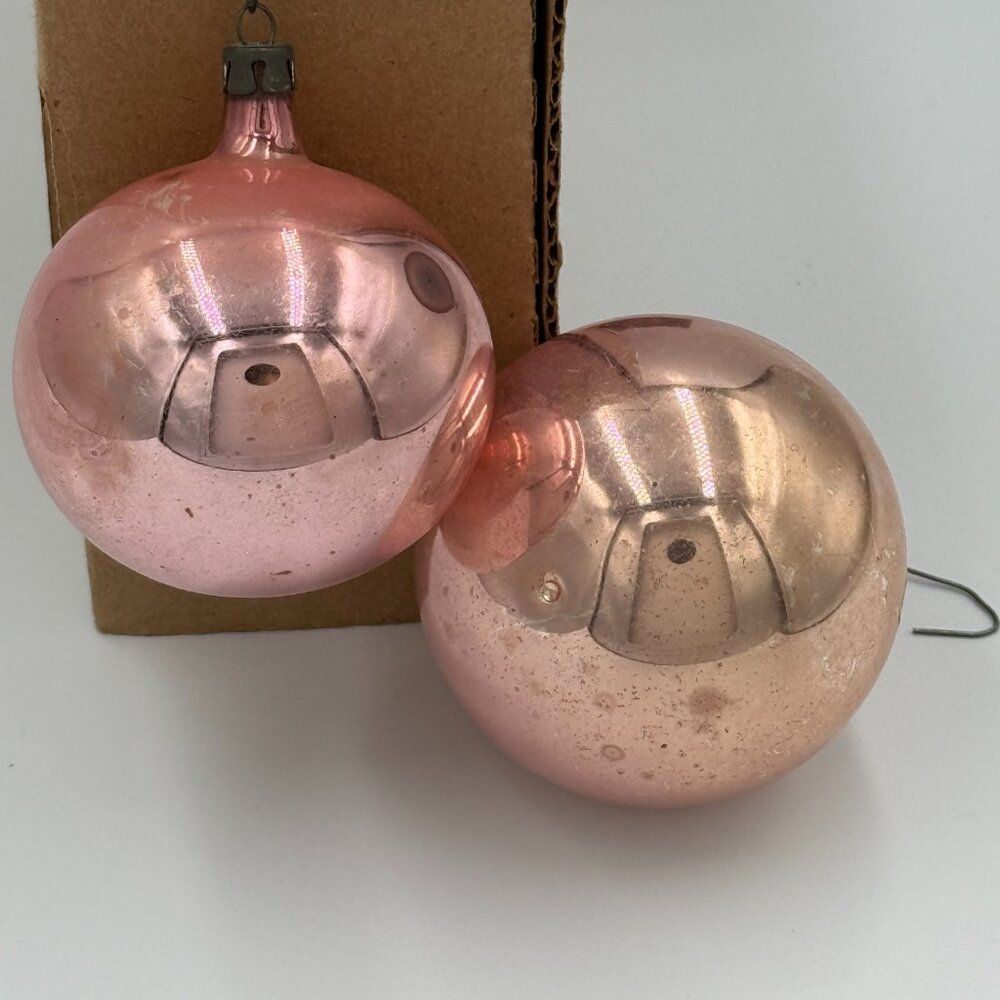 2 VTG Christmas Ornaments Mercury Glass Poland Pink Rose Gold 2 sizes 2.5" /3"